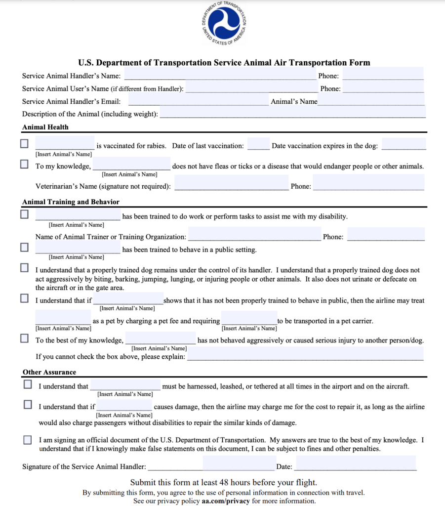 American Airlines service dog air transportation form