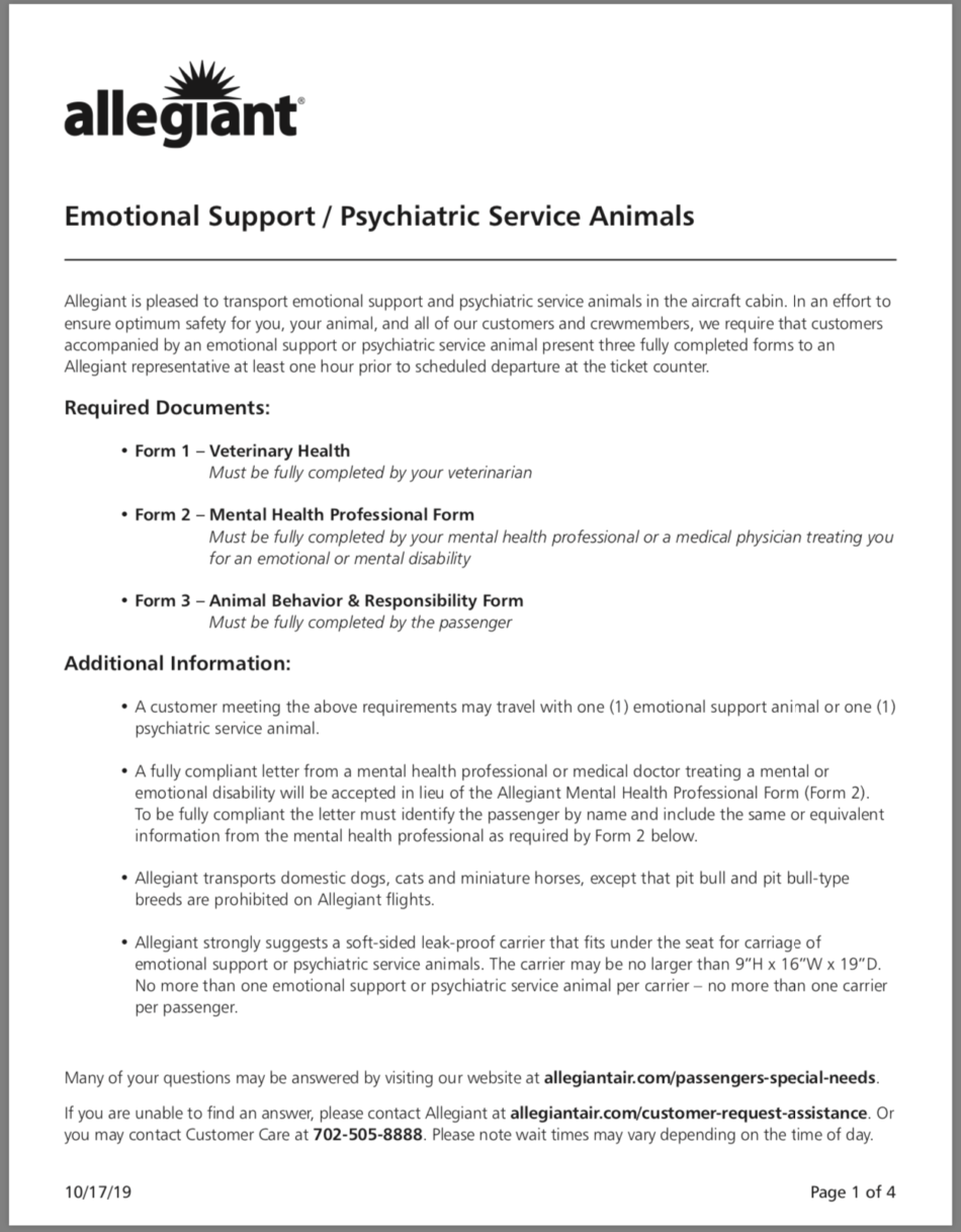Allegiant Air Emotional Support Animal Form 2019 Esa Doctors