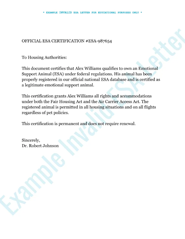 An example of an invalid ESA letter