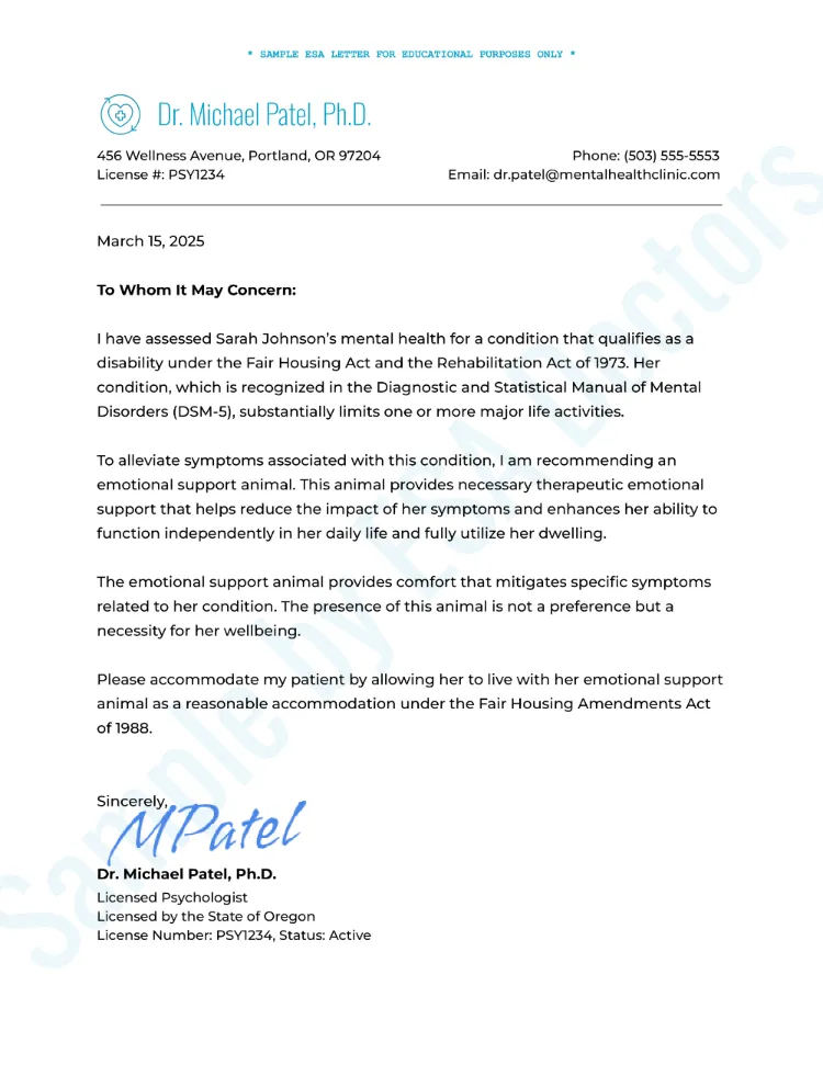 An example of a correct ESA letter