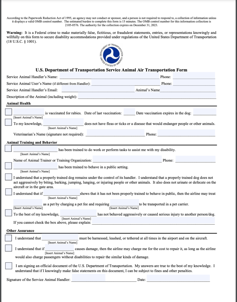 DOT Service Animal Air Transportation Form - ESADoctors