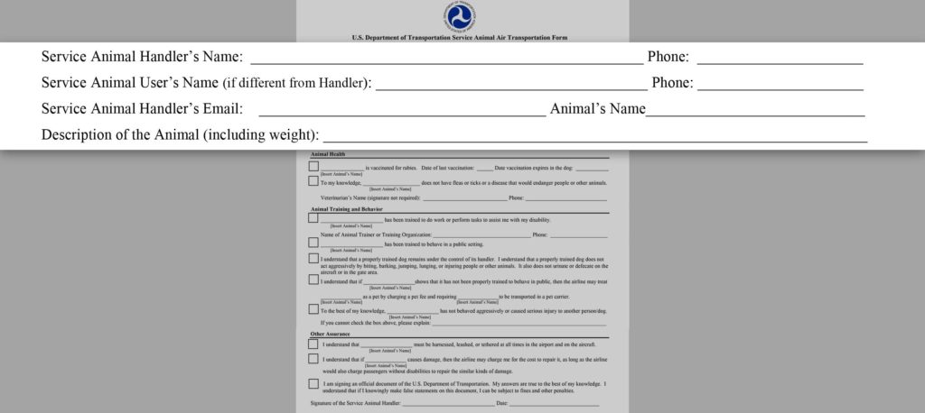 DOT Form - Service Animal Health Behavior Training Form