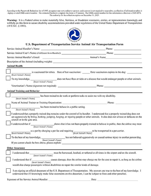 How to Fly with a Service Dog Using the DOT's Service Animal Air  Transportation Form - ESA Doctors