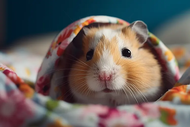 Emotional support hamster at home under a blanket