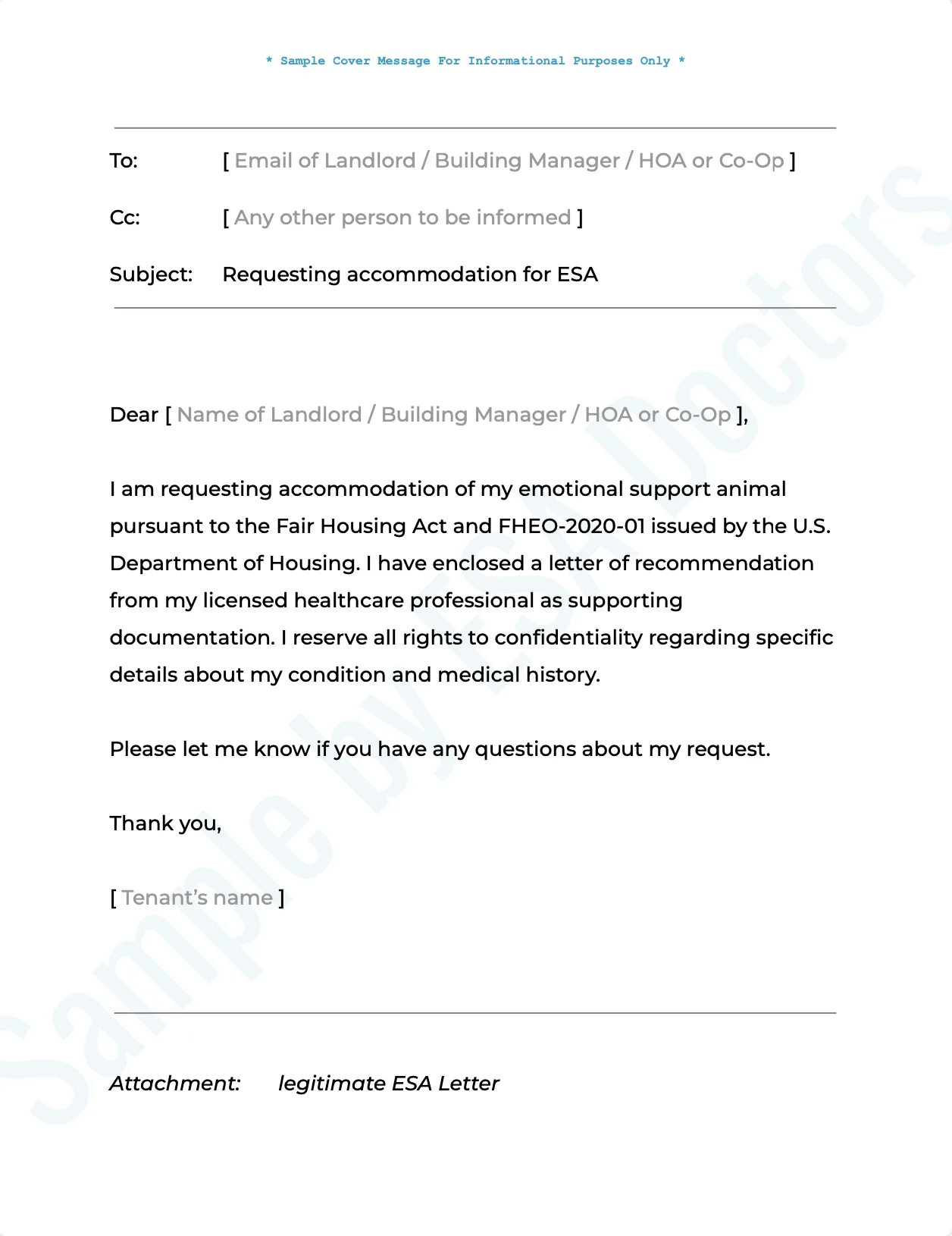 Cover message to landlord regarding ESA letter - Sample