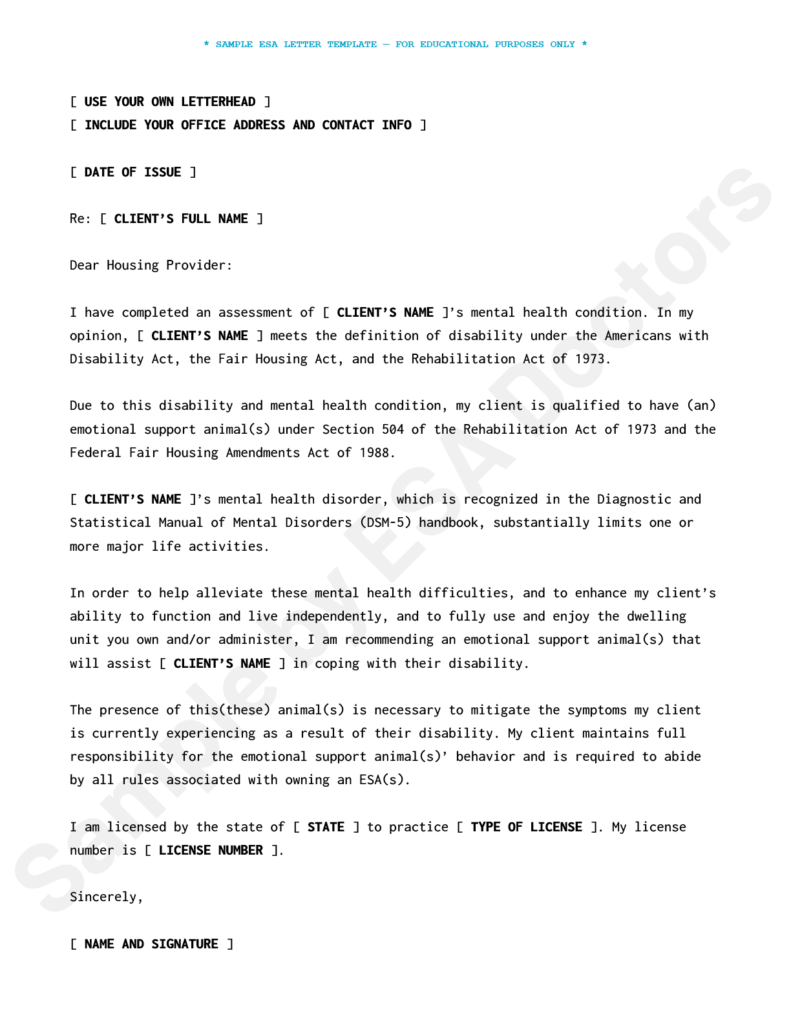 Sample ESA Letter Template