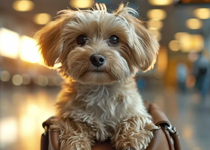 A non-service dog in a carrier bag going through airport security