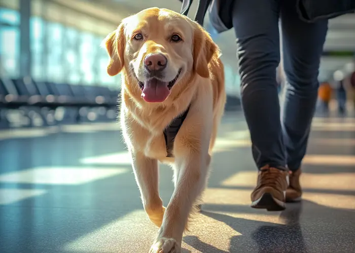 Dog at the airport after flying on a plane