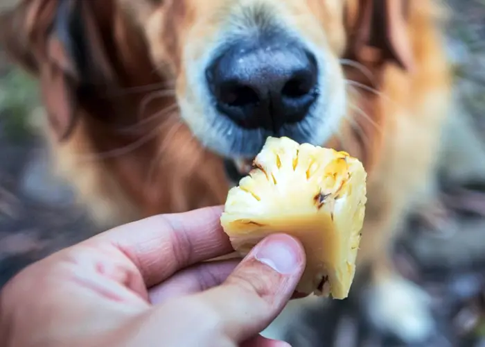 Feeding a piece of cut pineapple to a dog.