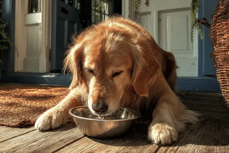 A dog drinking water at home on a hot summer day.